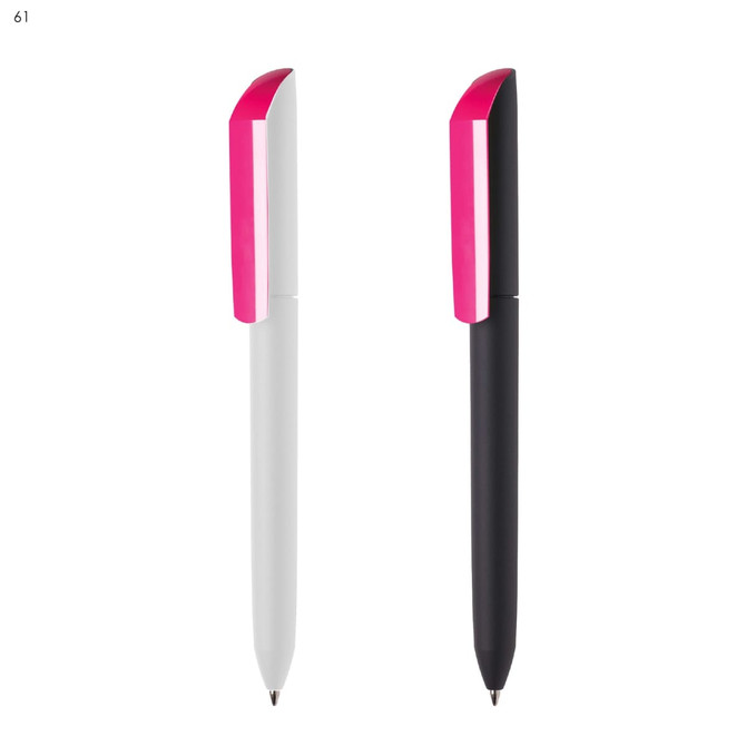 A set of plastic pens in white and black with vibrant pink accents and a branding logo.