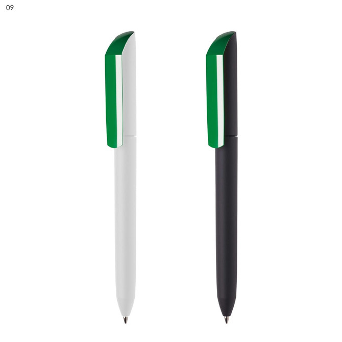 A set of plastic pens in white and black, each with a green cap and branding.