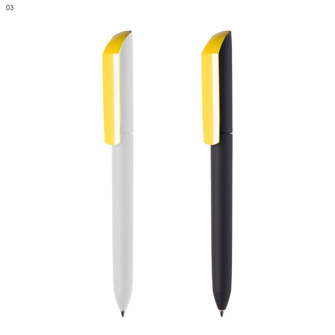 Two plastic pens, one white and one black, featuring yellow caps and accents. Both have a logo.
