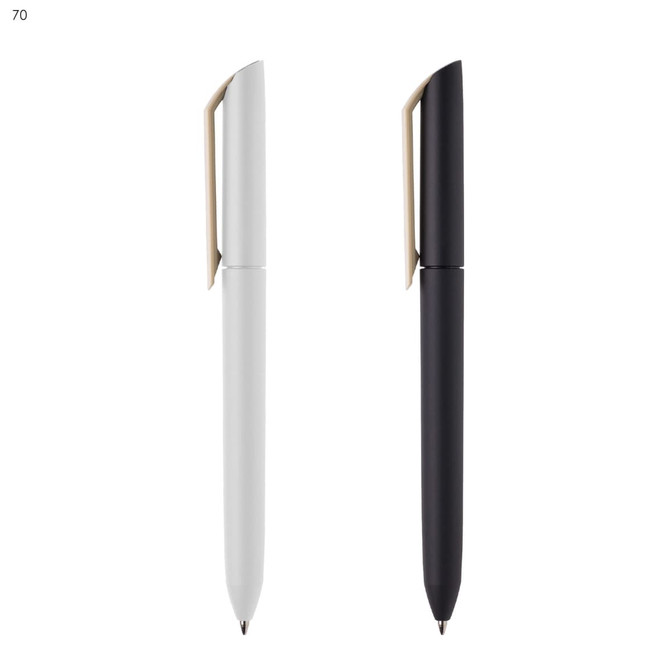 A set of two plastic pens, one white and one black, featuring a clip design and a branding logo.