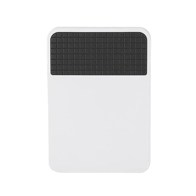 A white fridge magnet clip featuring a textured black grip at the top and a smooth surface below.