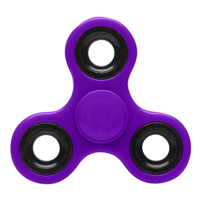A purple fidget spinner with black bearings in each arm, designed as a novelty item for fun and games.