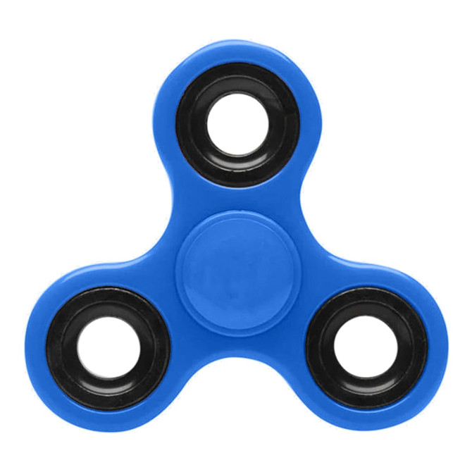 A blue fidget spinner with black bearings, featuring a three-pronged design. It has a logo on one side.