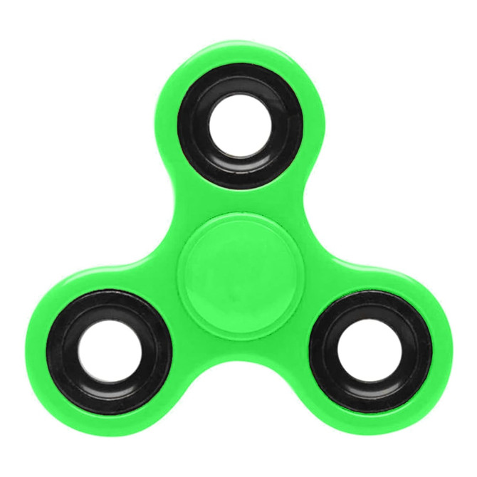 A bright green fidget spinner with black bearings at each end, designed for fun and novelty.
