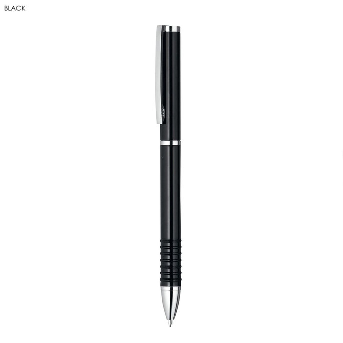 A black writing pencil with a sleek design, featuring a grip and a clip. It has a logo on one side.