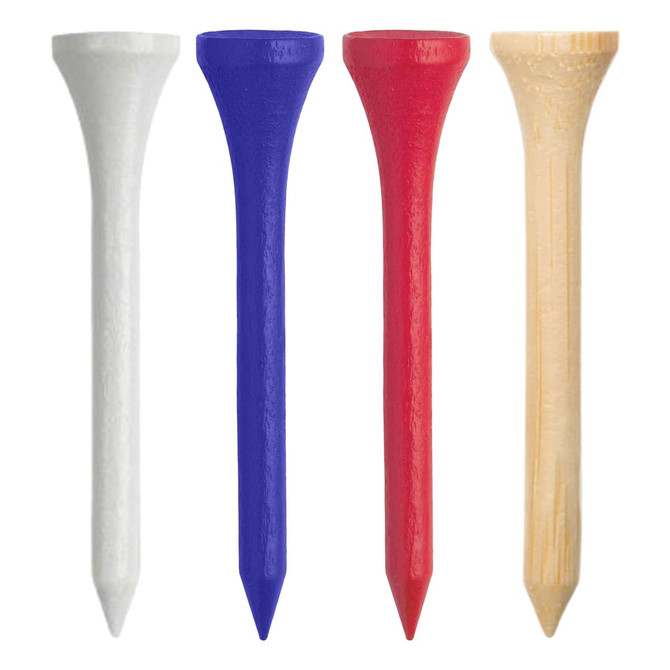 A set of four golf tees in white, blue, red, and natural wood colour, with a logo on some.