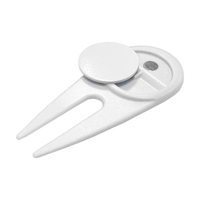 A white plastic golf divot repairer with a round disc and a logo. Ideal for maintaining golf greens.