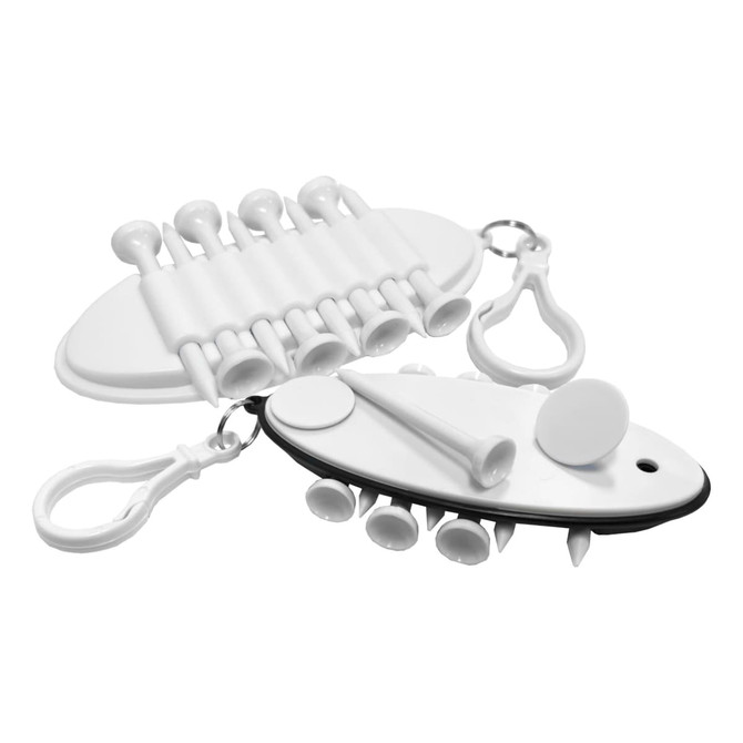 A white golf tee holder with multiple slots for tees and a clip for attachment. Features a smooth, curved design.