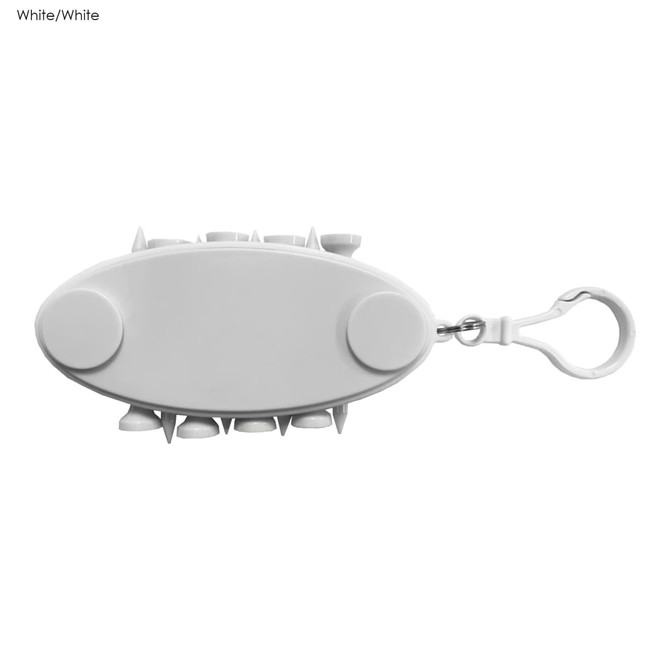 A white golf accessory with a clip, featuring multiple spikes and a smooth oval design.