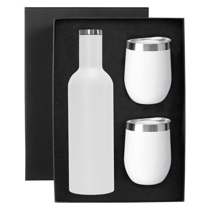 A drink bottle and two matching white drink tumblers in a black gift box, featuring metallic accents.