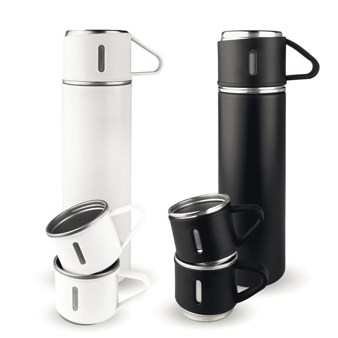 A drink bottle in matte black and white, accompanied by two matching black mugs. The set features a logo.