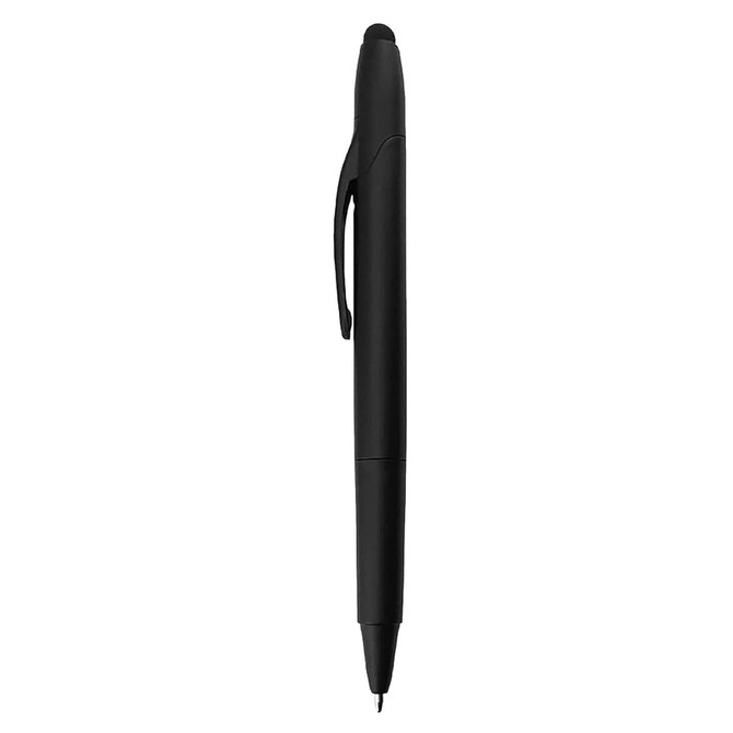 A black stylus pen highlighter with a sleek design and a built-in clip for easy carrying.