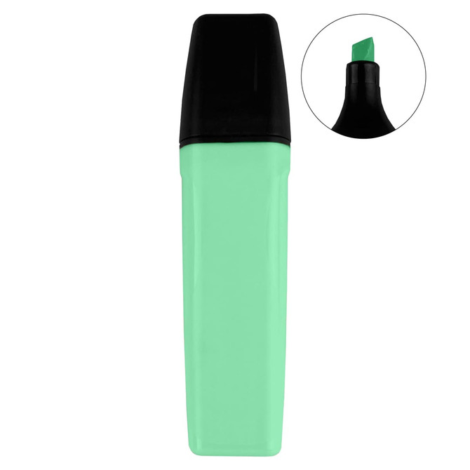 A highlighter with a mint green body and a black cap, featuring a chisel tip for versatile highlighting.