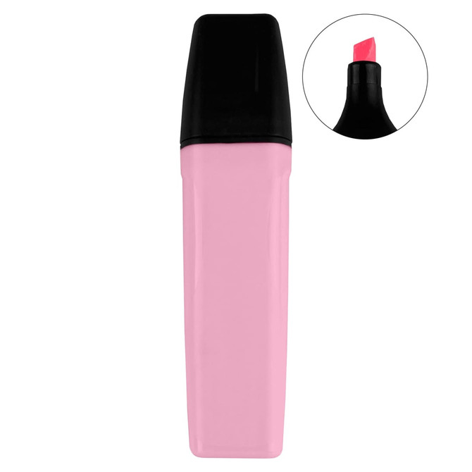 A highlighter with a pink body and black cap, featuring a chisel tip for versatile highlighting.