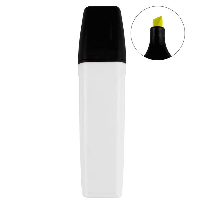 A highlighter with a black cap and a white body, featuring a bright yellow tip. The product includes branding.
