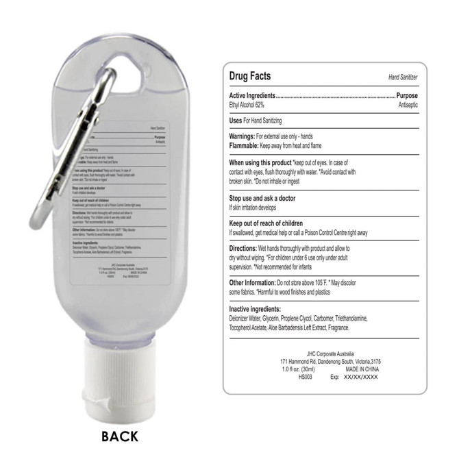 A clear 30ml gel hand sanitiser with a carabiner, featuring a label on the back and a secure cap.