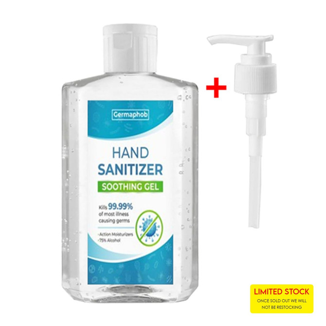 A clear bottle of 300ml hand sanitiser gel, 75% alcohol, with a pump lid, featuring a logo.