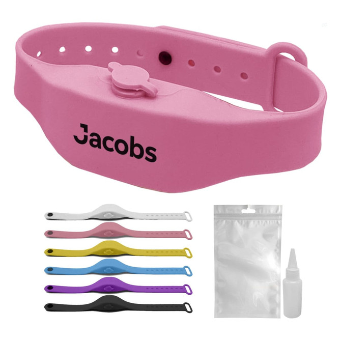 A pink wristband hand sanitiser dispenser with a logo, alongside a variety of coloured bands and a small bottle.