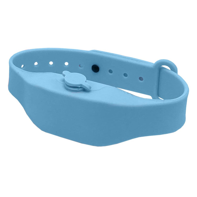 A blue wristband hand sanitiser dispenser made of silicone, featuring a pump for easy dispensing.