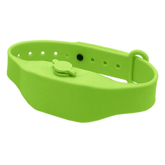 A lime green wristband hand sanitiser dispenser featuring a smooth surface and adjustable strap, with a small dispensing cap.