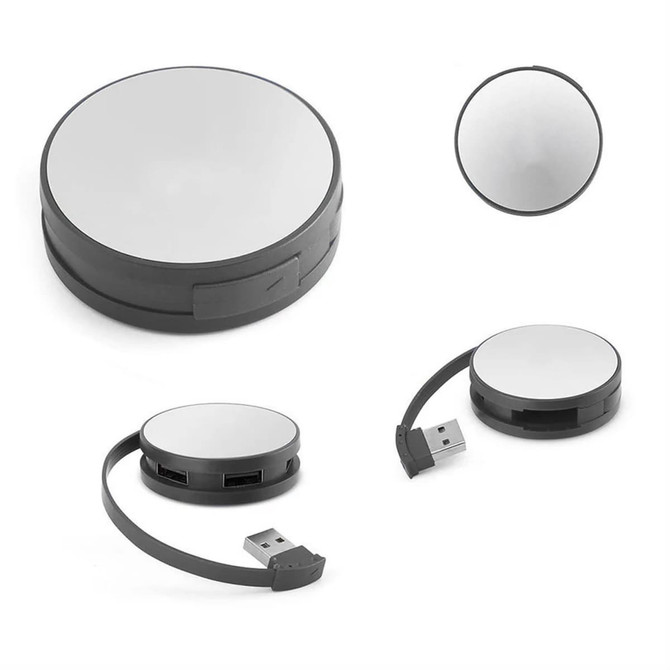A round black and silver USB hub with two USB ports and an integrated cable for connection.