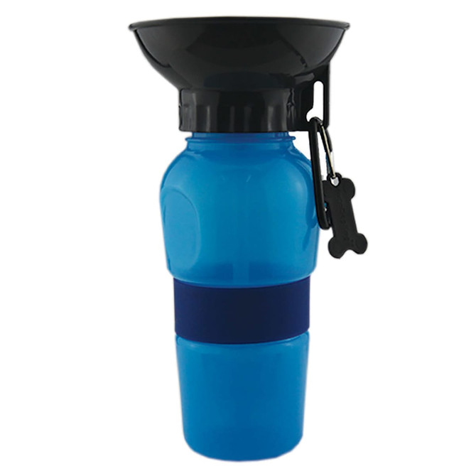 A drink bottle with a blue body and black top, featuring a silicone band and a bone-shaped carabiner.