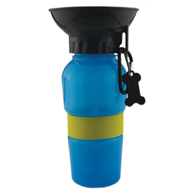 A drink bottle in blue with a black top and a yellow silicone band. Includes a bone-shaped carabiner.
