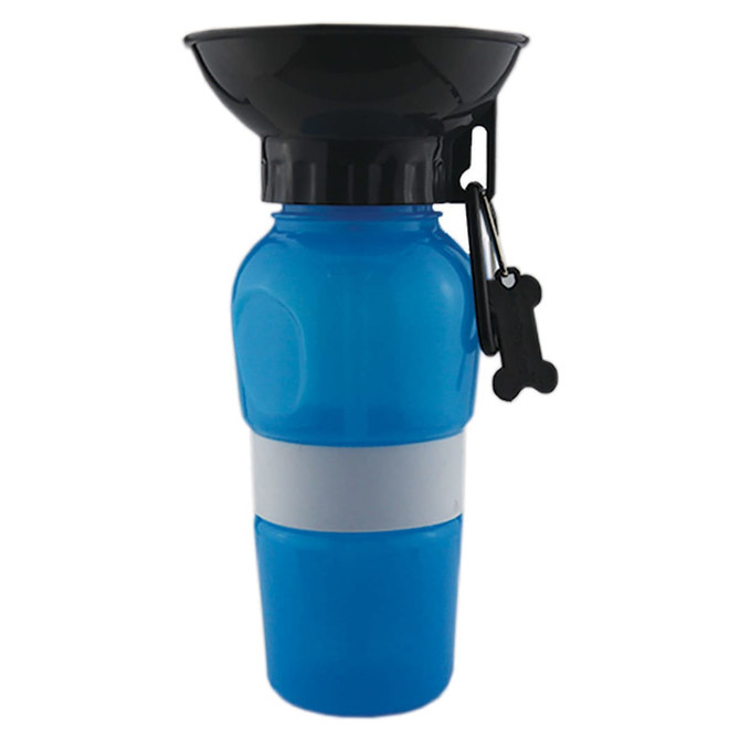 A drink bottle in blue with a black top and a silicone band, featuring a bone-shaped keychain.