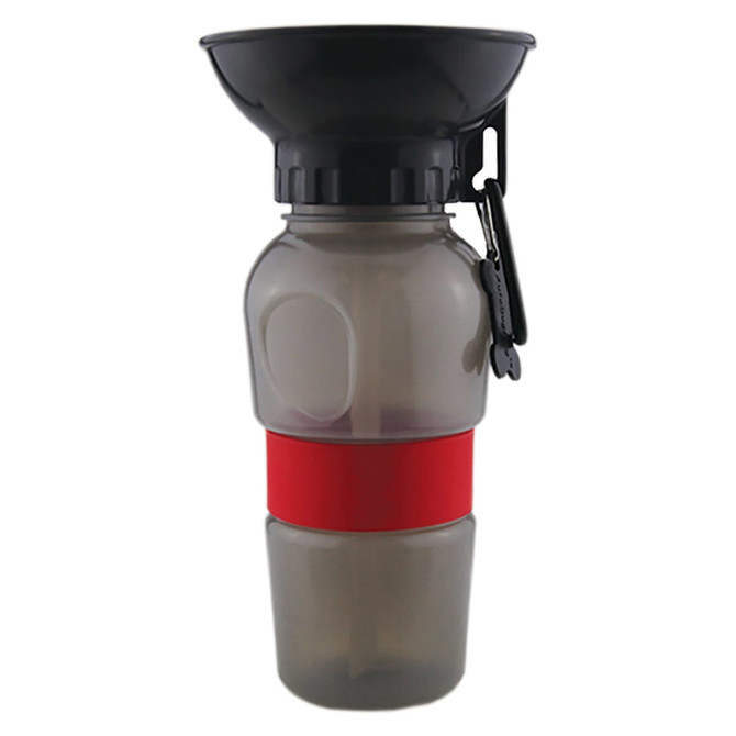 A drink bottle with a red silicone band and a funnel top for pets, featuring a logo. Colours include black and grey.
