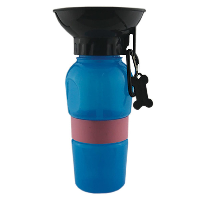 A drink bottle in blue with a pink silicone band and a black top, featuring a small bone-shaped accessory.