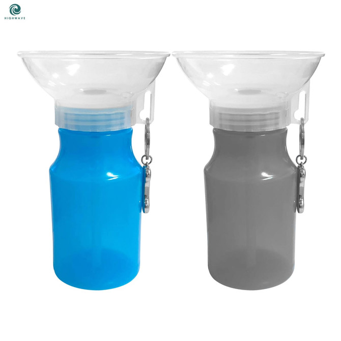 A drink bottle with a transparent funnel top, featuring a blue and a grey body, and a clip for attachment.
