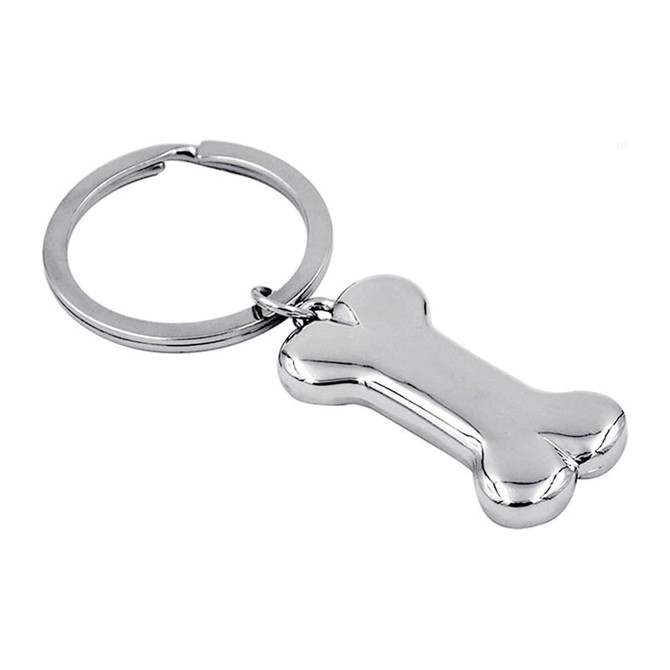 A silver bone-shaped keychain with a circular metal ring. Designed as a pet accessory.