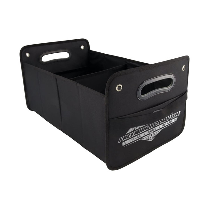 A black cargo storage organiser featuring multiple compartments and handles for easy transport. Includes a branding logo.