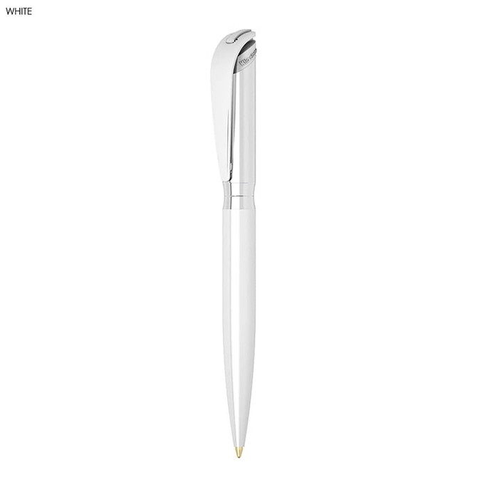 A metal ballpoint pen in white with a sleek design and a silver clip, featuring a logo.