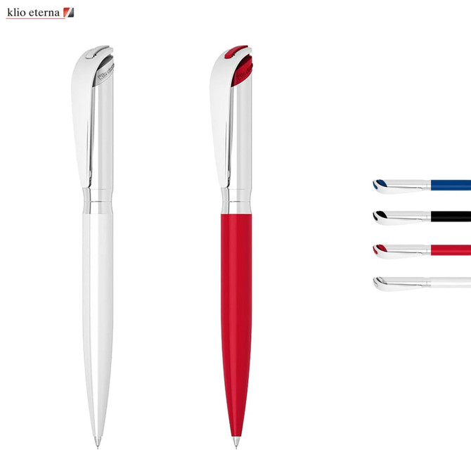 A set of pens in white and red with metallic accents, accompanied by blue, black, and red ink refills.