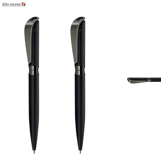 A set of black metal pens with a sleek design and a silver clip. The image includes a logo.