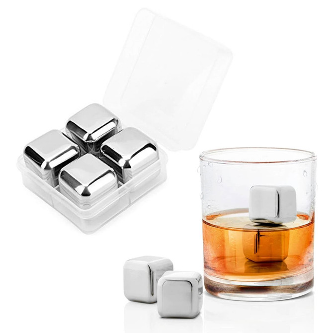 A drink bottle with whiskey cubes. The set includes four stainless steel ice cubes in a plastic case.