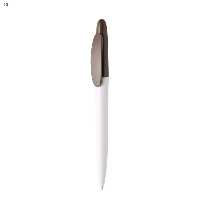 A plastic pen in white and brown, featuring a logo on the body.
