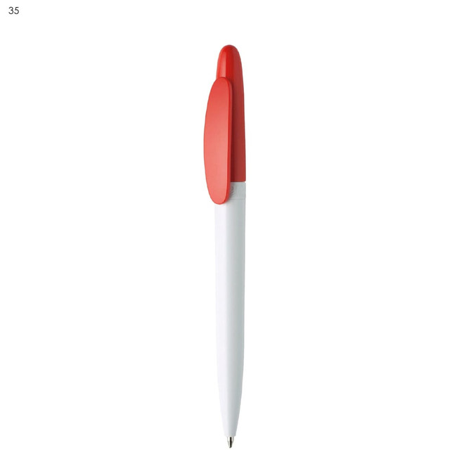 A plastic pen with a white body and a red cap, featuring a logo on the body.