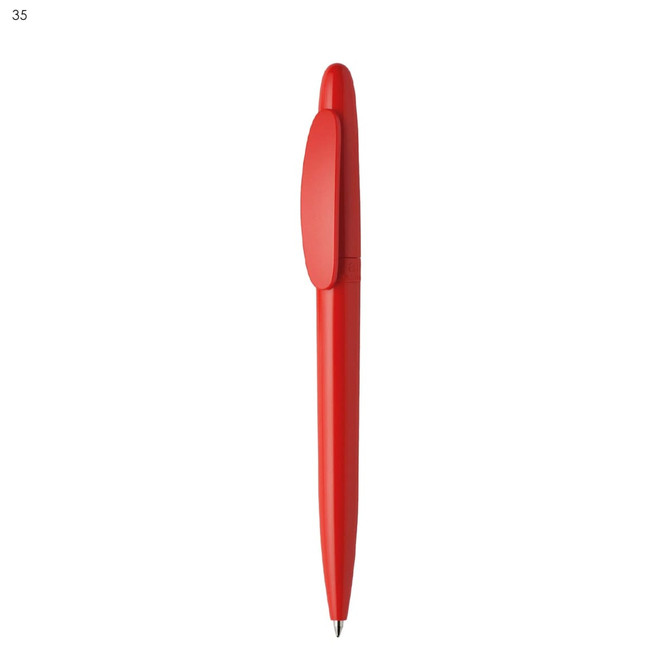 A red plastic pen with a smooth finish and a clip for attachment. It features a branding logo.