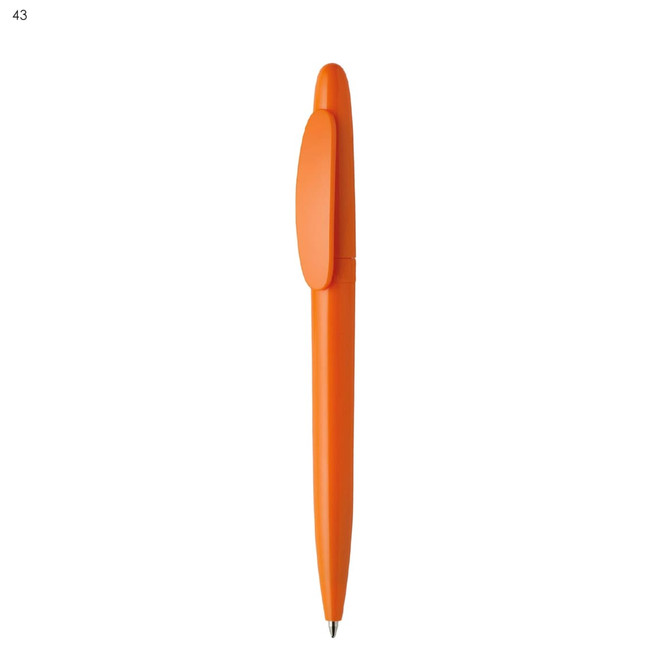 An orange plastic pen with a unique design and a clip, featuring a logo on its side.