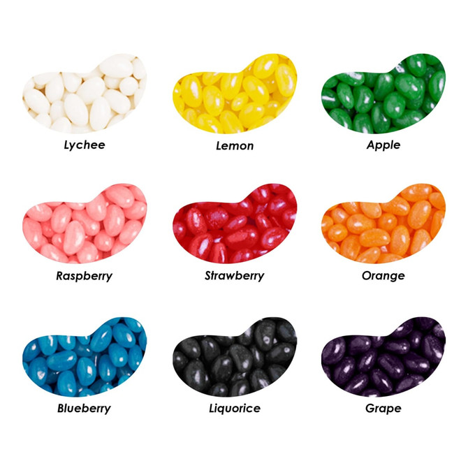 Jelly beans in various colours including lychee, lemon, apple, raspberry, strawberry, orange, blueberry, liquorice, and grape.