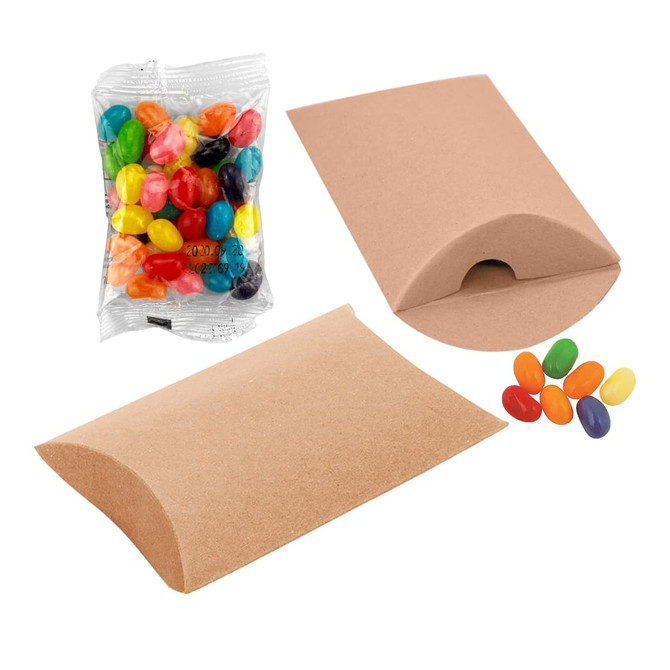 A kraft paper pillow box containing a 50g bag of multicoloured jelly beans in various flavours.