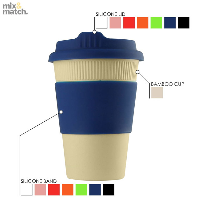 A bamboo cup in cream with a blue silicone lid and band, featuring a logo.