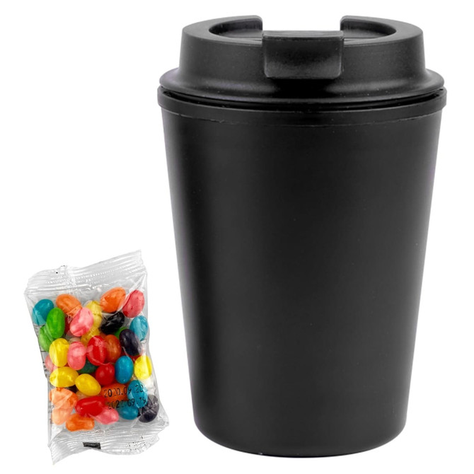 A drink bottle in black with a lid, accompanied by a pack of colourful jelly beans.