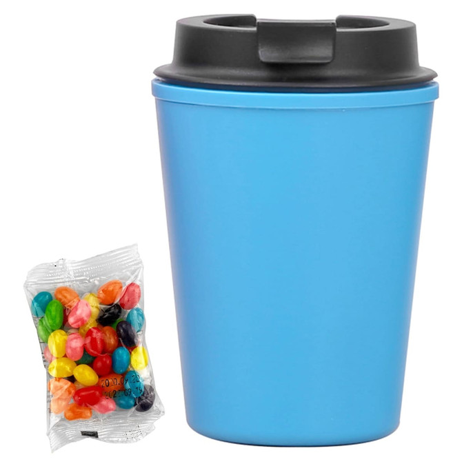 A drink bottle in vibrant blue with a black lid, accompanied by a pack of colourful jelly beans.