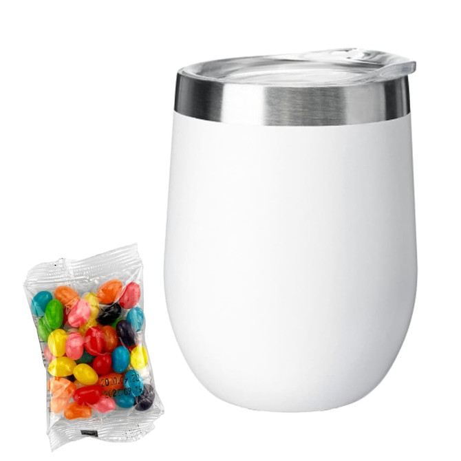 A white coffee cup with a stainless steel lid alongside a bag of colourful jelly beans.