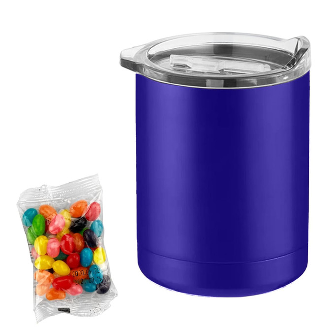 A purple coffee mug with a transparent lid accompanied by a packet of colourful jelly beans.