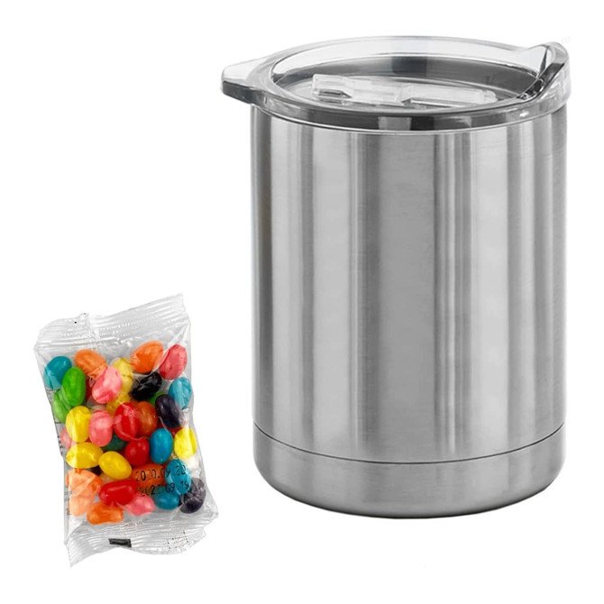 A silver coffee mug with a clear lid beside a packet of colourful jelly beans. The mug has a branding logo.