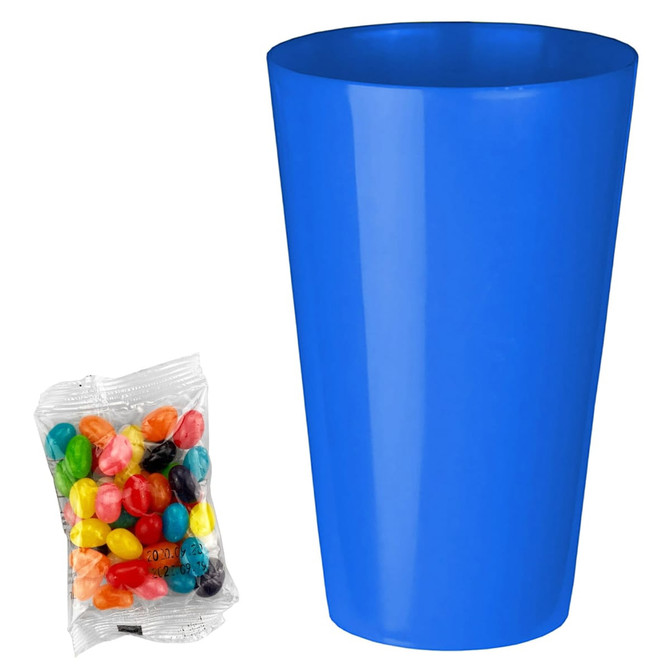 A bright blue party cup alongside a pack of colourful jelly beans in various shades.